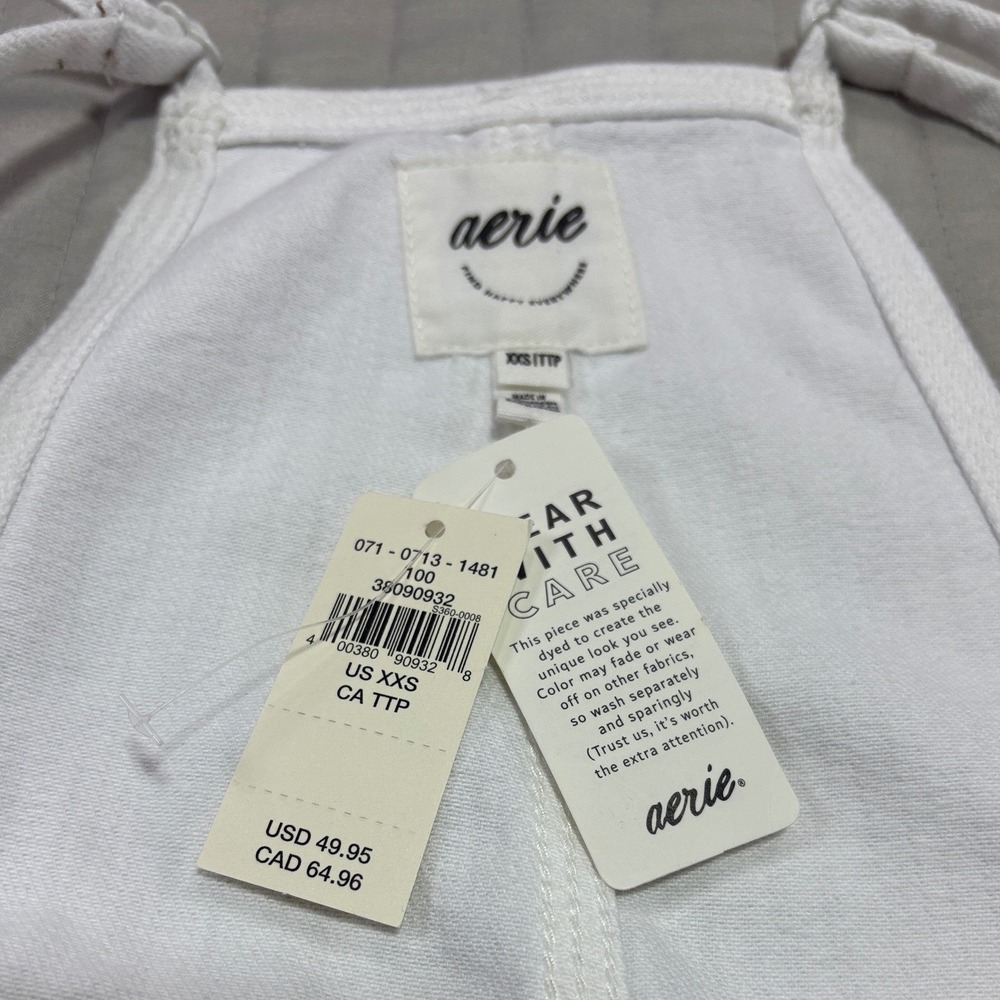 Aerie White Denim Shortall Romper Frayed Hem Womens XXS Adjustable Strap NEW NWT - Picture 5 of 8